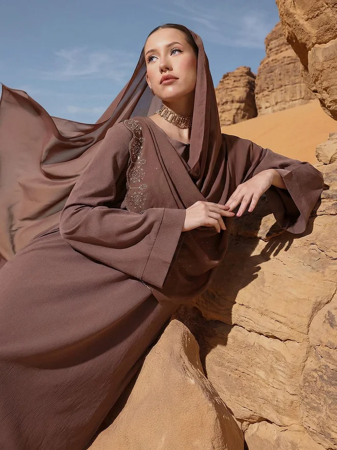 ISHIN ISHIN Brown Georgette Regular Abaya with Embellished Hijab